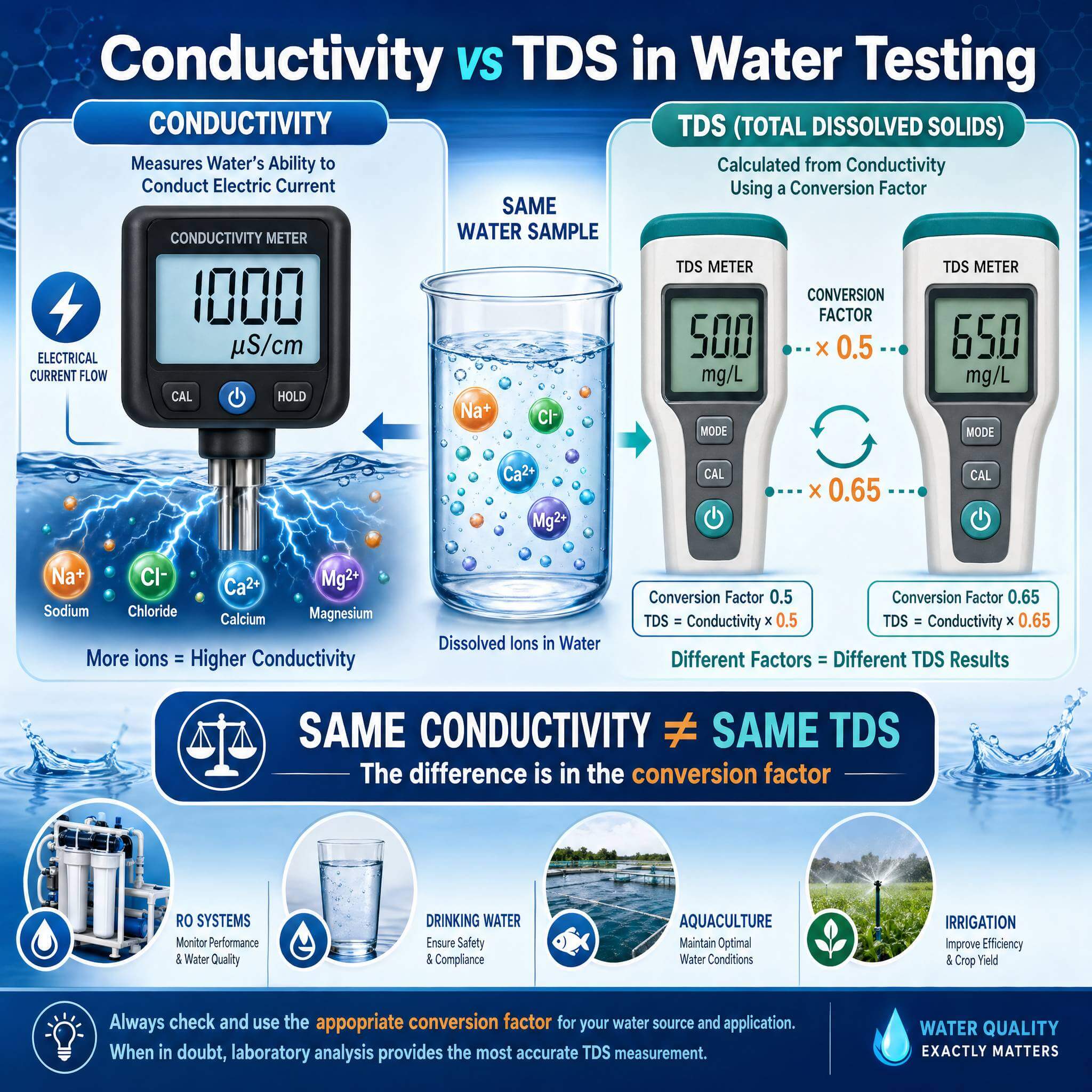 Conductivity vs TDS in Water Testing: Differences, Conversion Factors, and Common Mistakes